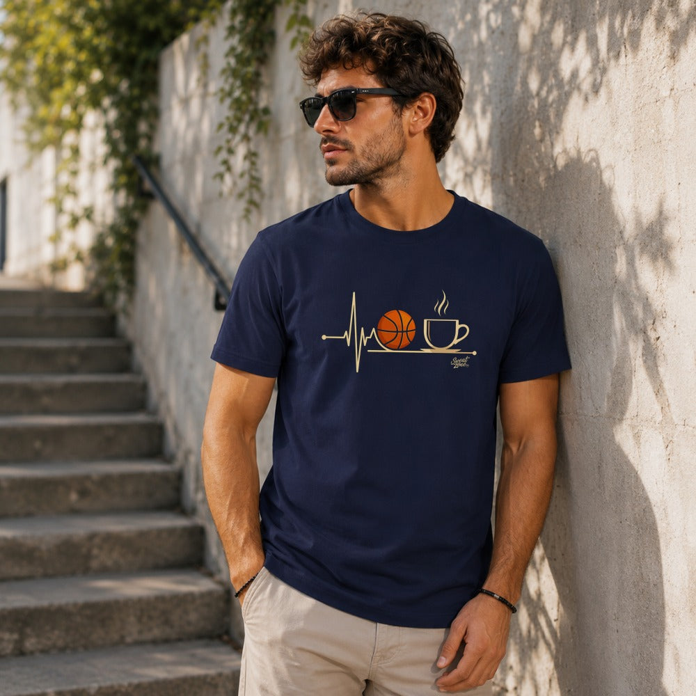 Navy t-shirt with basketball and coffee cup heartbeat graphic: "Sport Fuel" text.