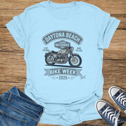 Light blue t-shirt featuring a graphic for Daytona Beach Bike Week 2025.