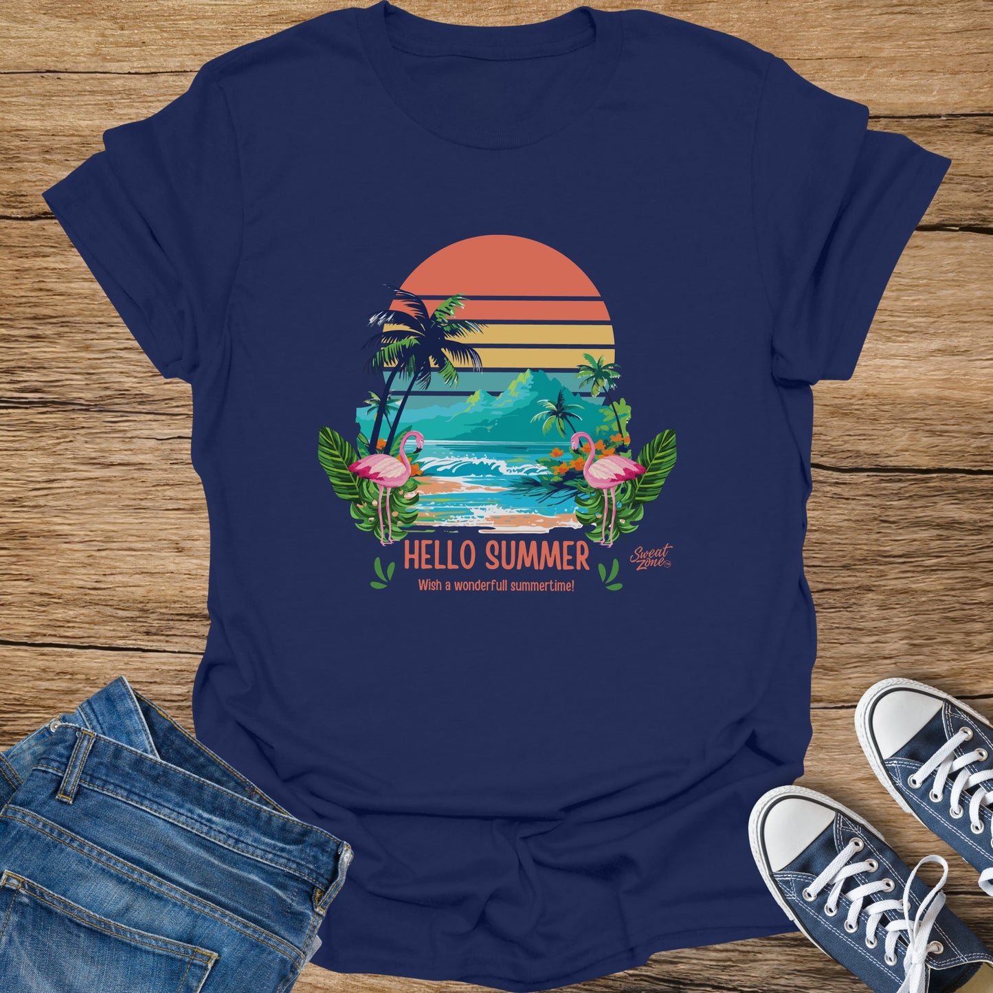 Navy t-shirt with "Hello Summer" text and a tropical beach scene with flamingos.