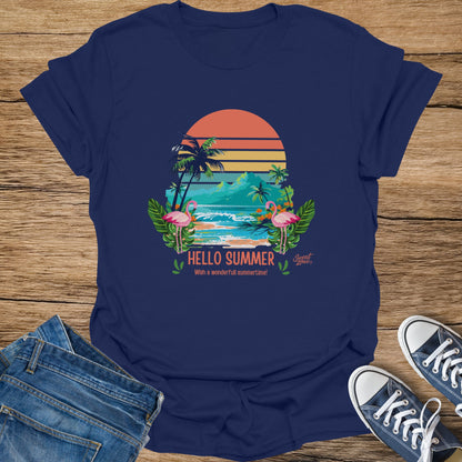 Navy t-shirt with "Hello Summer" text and a tropical beach scene with flamingos.