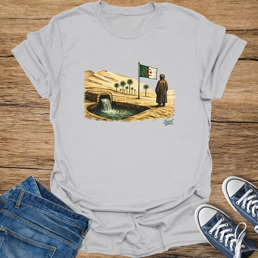 Algerian flag flies over desert oasis with figure in traditional attire.