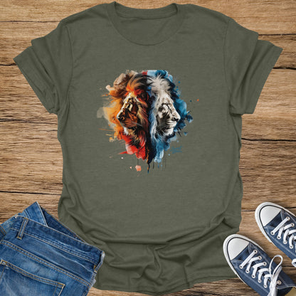 Green t-shirt with a watercolor-style lion head design on front