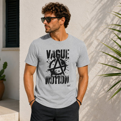Grey t-shirt with black "VAGUE A NOTION" anarchy symbol graphic.