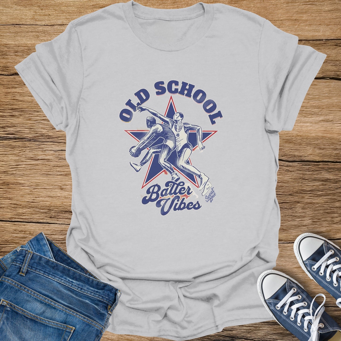 Gray t-shirt with "OLD SCHOOL BATTER VIBES" text and two wrestling figures.