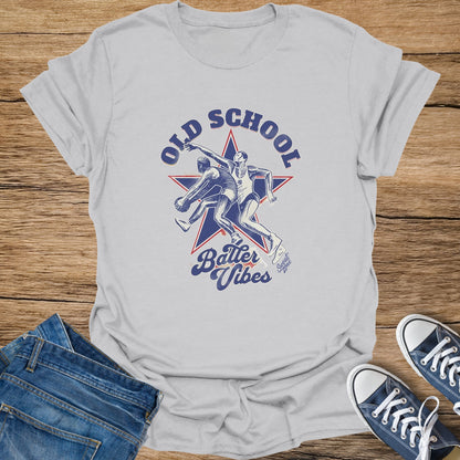 Gray t-shirt with "OLD SCHOOL BATTER VIBES" text and two wrestling figures.