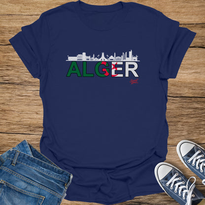 Navy t-shirt with white skyline and "ALGER" text with Algerian flag details.