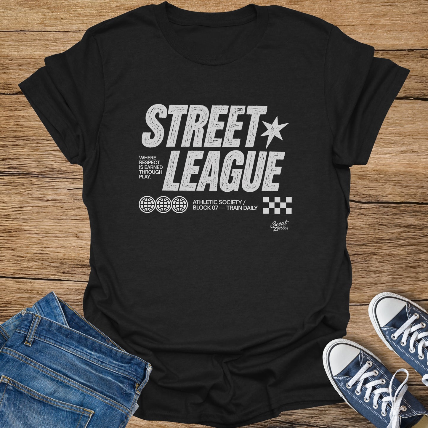 Black t-shirt with "Street League Athletic Society" text and globe graphics.