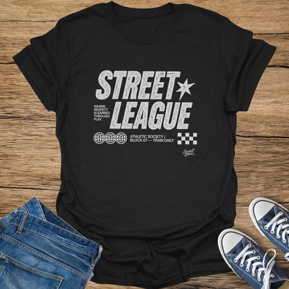Black t-shirt with "Street League Athletic Society" text and globe graphics.