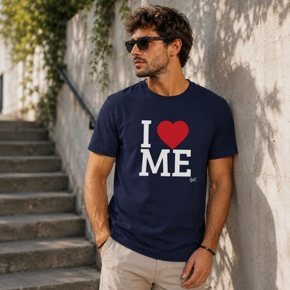 Navy t-shirt with "I ❤️ ME" graphic, worn by a man outdoors.