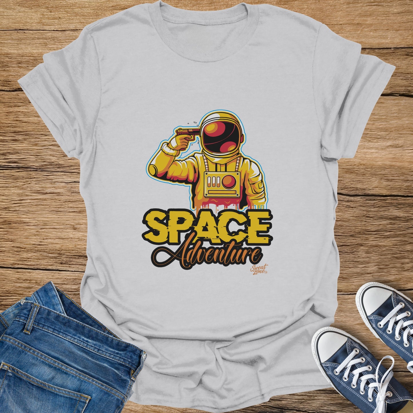 White t-shirt with astronaut graphic and "SPACE Adventure" text.