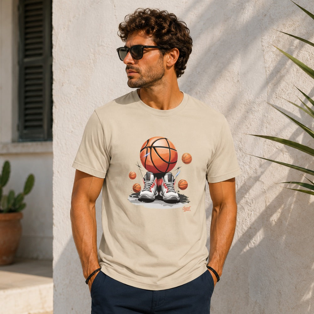 Light tan t-shirt with basketball graphic and shoes, worn by a man.