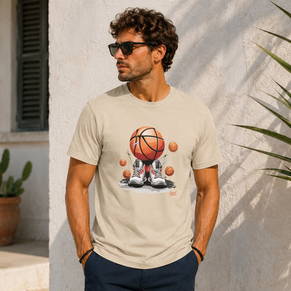Light tan t-shirt with basketball graphic and shoes, worn by a man.