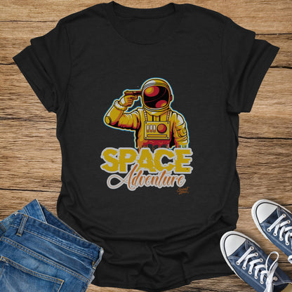 Black t-shirt with a yellow astronaut graphic and "SPACE Adventure" text.