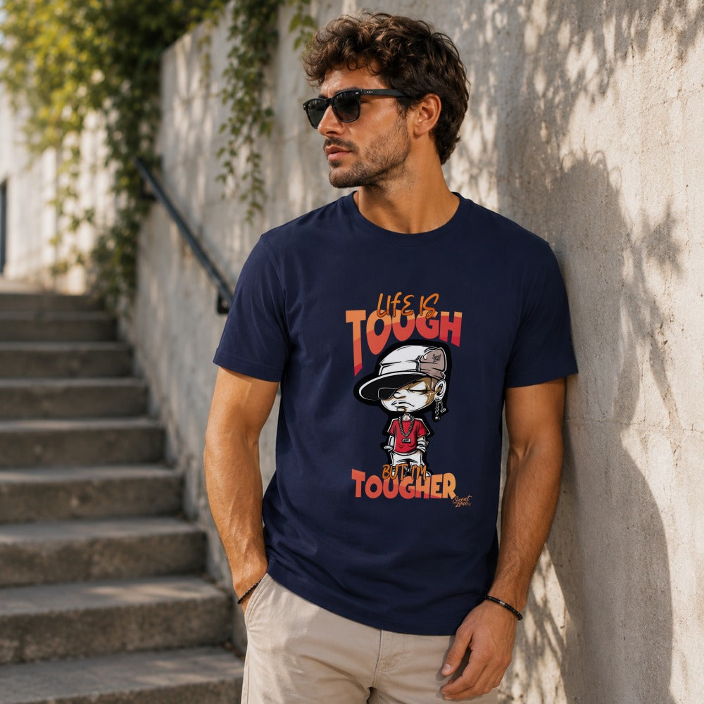 Navy t-shirt with cartoon saying "Life is Tough But I'm Tougher".