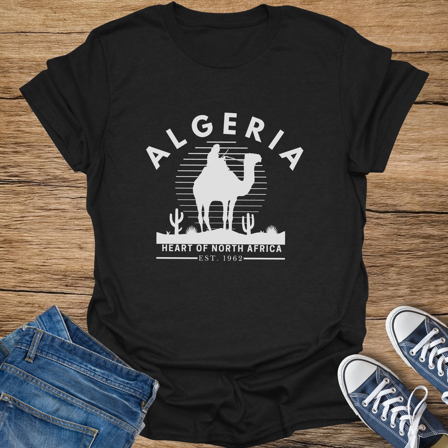 Black t-shirt with "Algeria Est. 1962" and camel silhouette design.