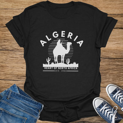 Black t-shirt with "Algeria Est. 1962" and camel silhouette design.