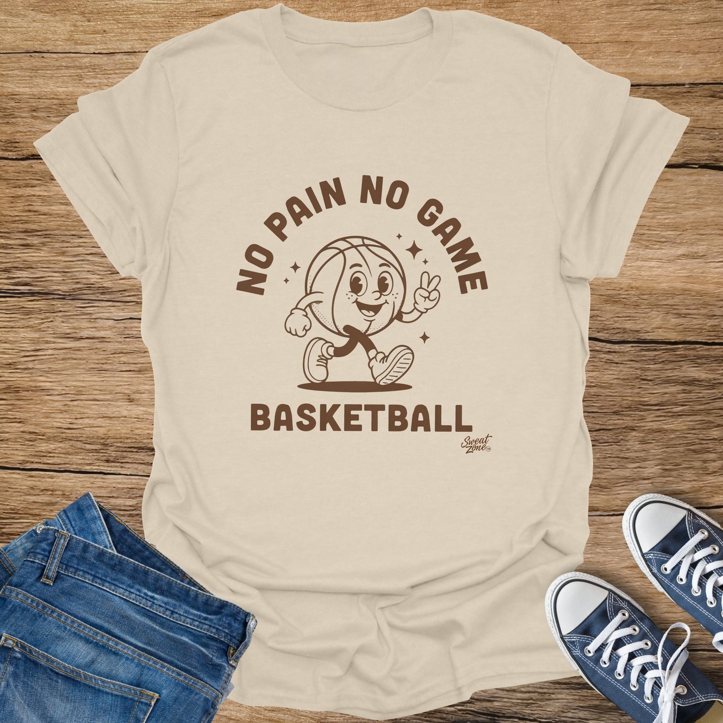 T-shirt with cartoon basketball character and text "No Pain No Game Basketball".
