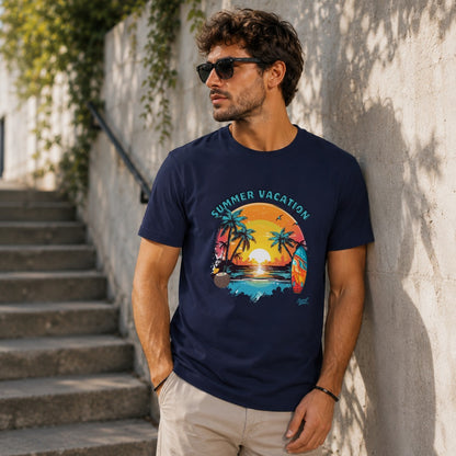 Navy t-shirt with "Summer Vacation" graphic of a beach sunset and palm trees.