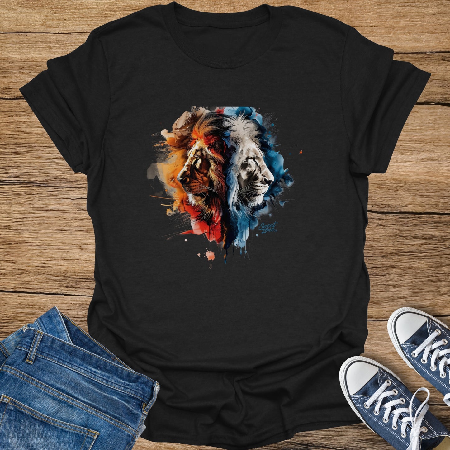 Black t-shirt with a dual lion head graphic in red, orange, white, and blue watercolor accents.
