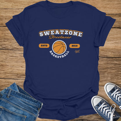 Navy t-shirt with "SWEATZONE Streetwear" graphic and basketball design.