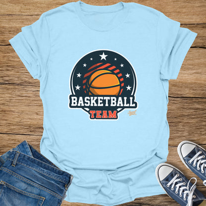 Light blue t-shirt with "Basketball Team" graphic and basketball logo.