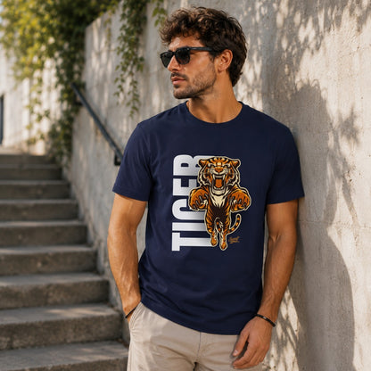 Men's navy t-shirt with a roaring tiger and "TIGER" text graphic.