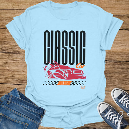 Light blue t-shirt with "CLASSIC CAR ESTD 2024" graphic and red vintage car.