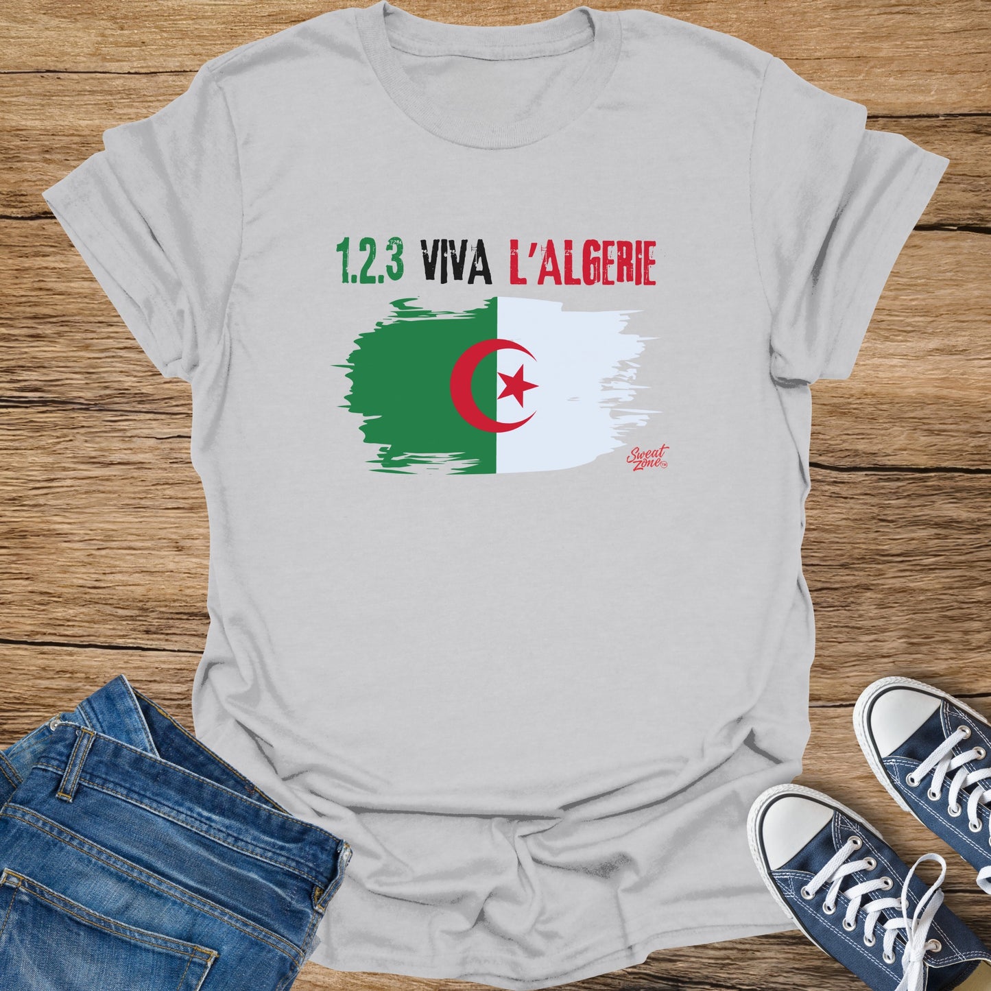 Light grey t-shirt with text "1.2.3 VIVA L'ALGERIE" and Algerian flag design.