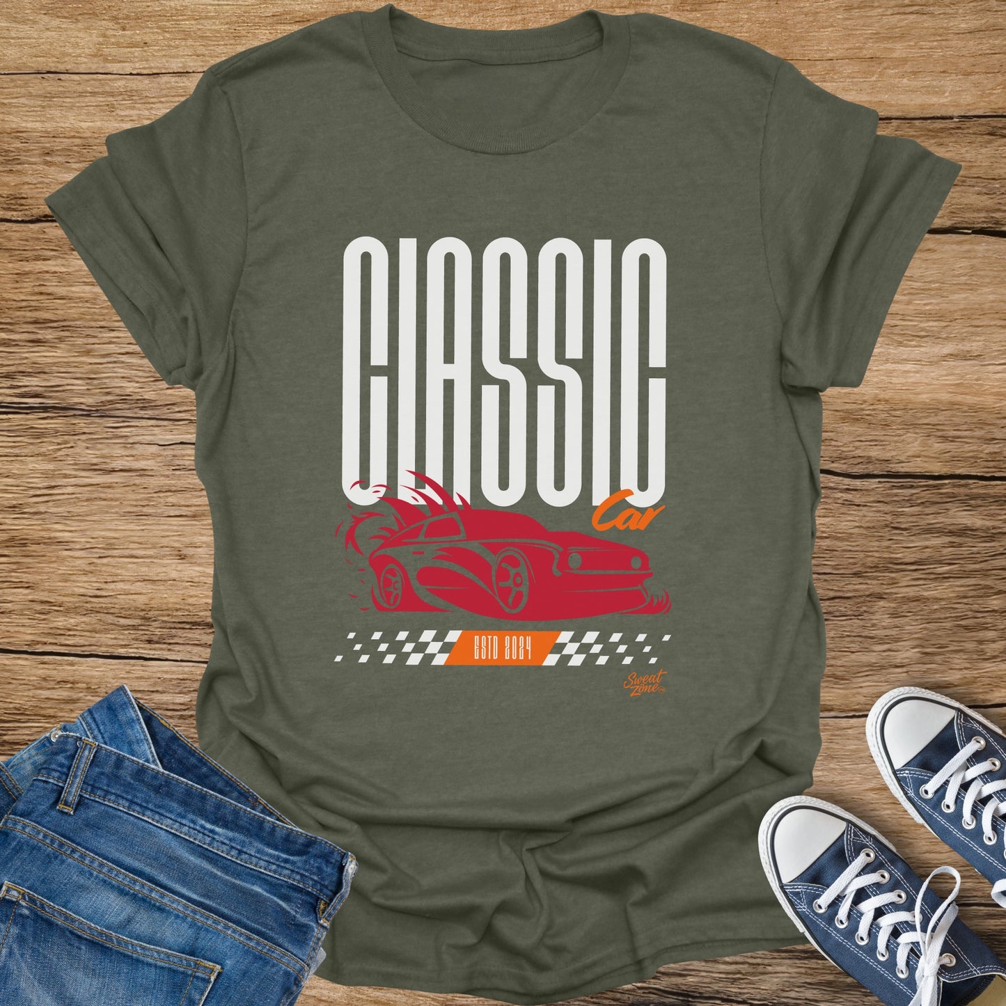 Green t-shirt with "CLASSIC CAR" text and a red car graphic, "ESTD 2024".