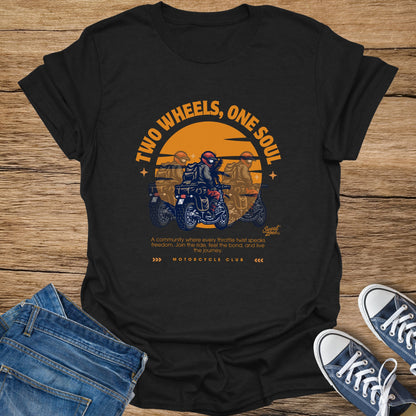 Black t-shirt with "Two Wheels, One Soul" and motorcycle graphics.