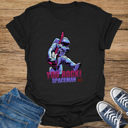 Black t-shirt graphic of astronaut playing guitar with text "YOU ROCK! SPACEMAN".