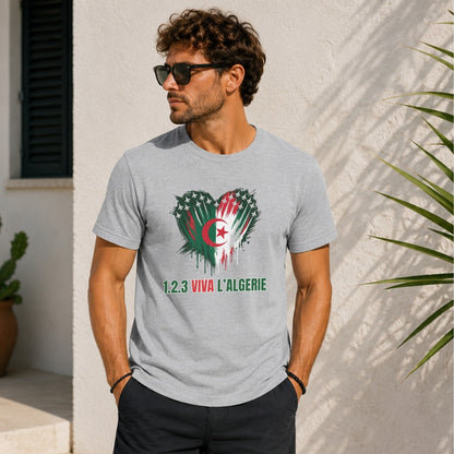 Man in grey t-shirt with Algeria flag heart graphic and text "1 2 3 VIVA L'ALGERIE".