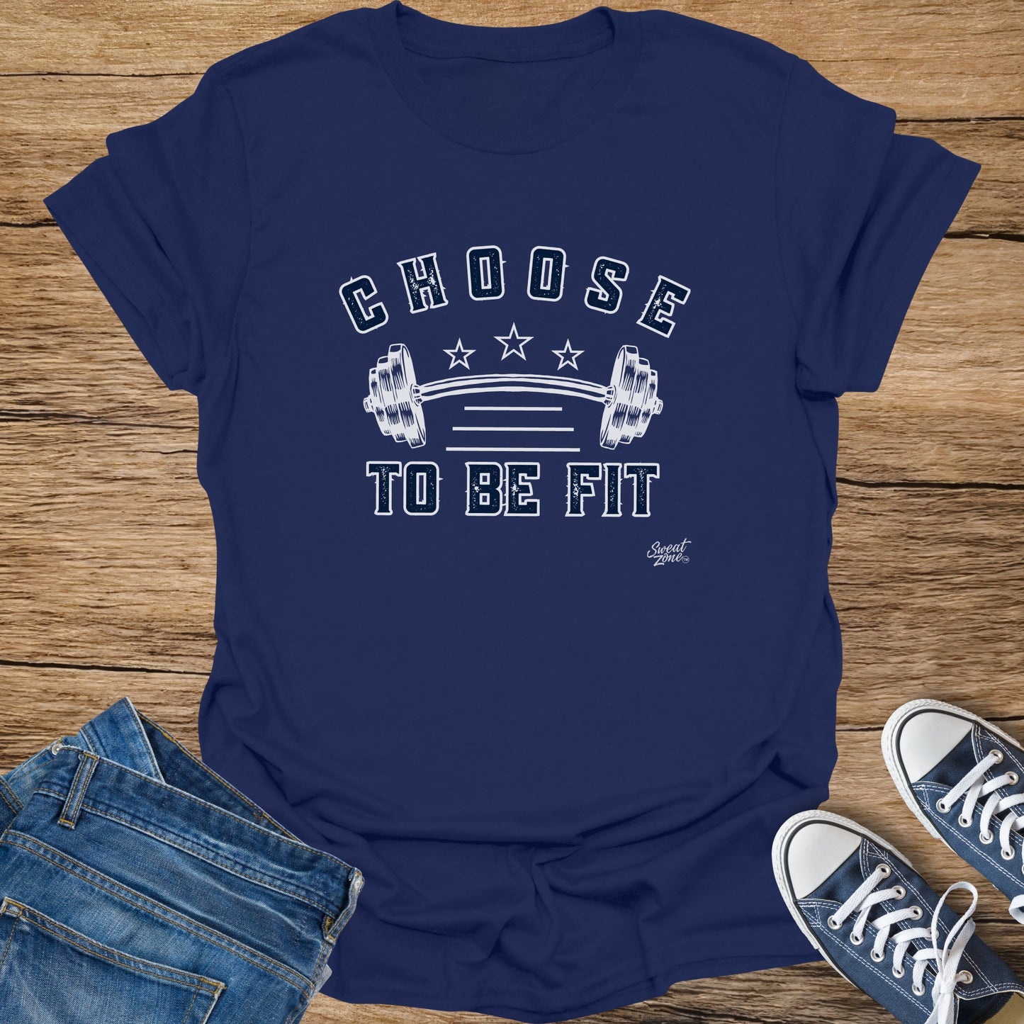 Navy t-shirt with white text and barbell graphic reading "CHOOSE TO BE FIT".