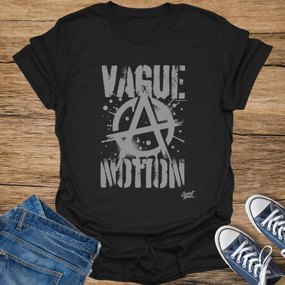 Black t-shirt with grey "VAGUE" and "MOTION" text and anarchy symbol.