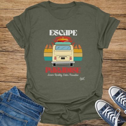 Olive green t-shirt with "ESCAPE PARADISE" text and a van with surfboards.