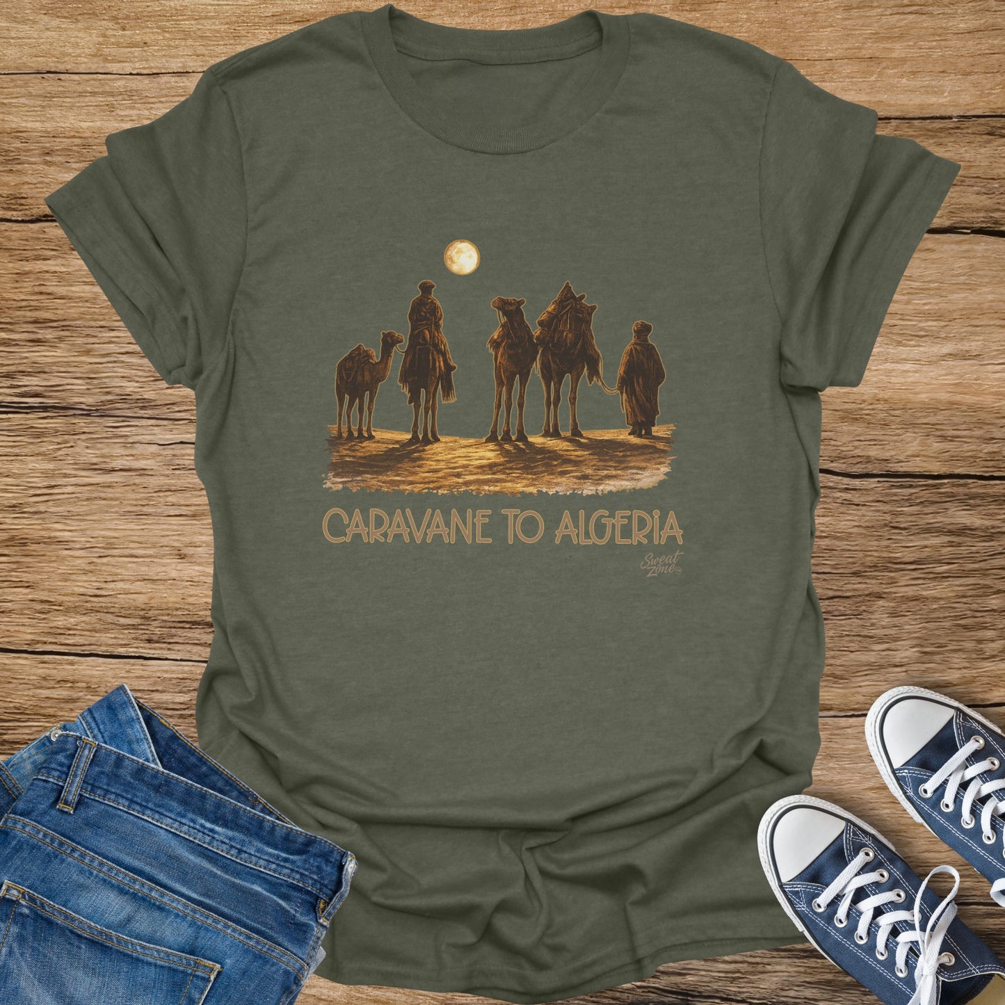 Caravane to Algeria design featuring a camel caravan under a full moon.