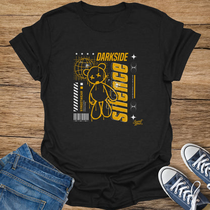 Black t-shirt with yellow graphic of a teddy bear, globe, and text "DARK SIDE" and "STREETWEAR".