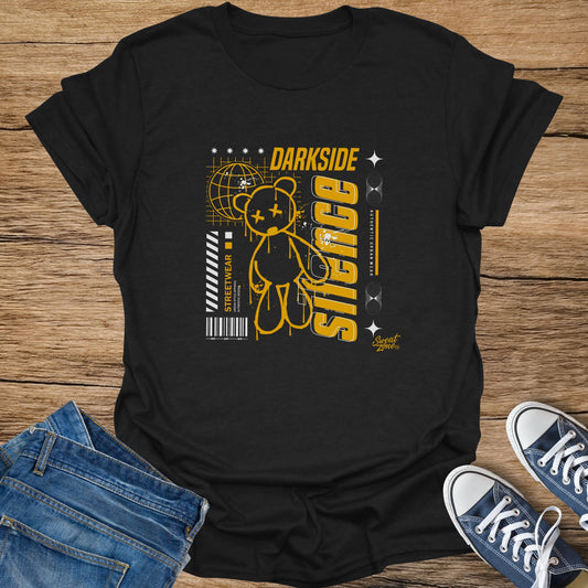 Black t-shirt with yellow graphic of a teddy bear, globe, and text "DARK SIDE" and "STREETWEAR".