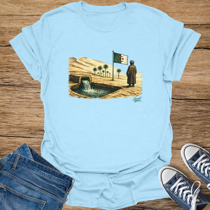 Illustration of an oasis with a man in traditional clothing and the Algerian flag.