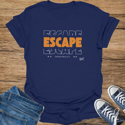 Navy t-shirt with "ESCAPE FROM REALITY" graphic and "Sweat Zone" logo.