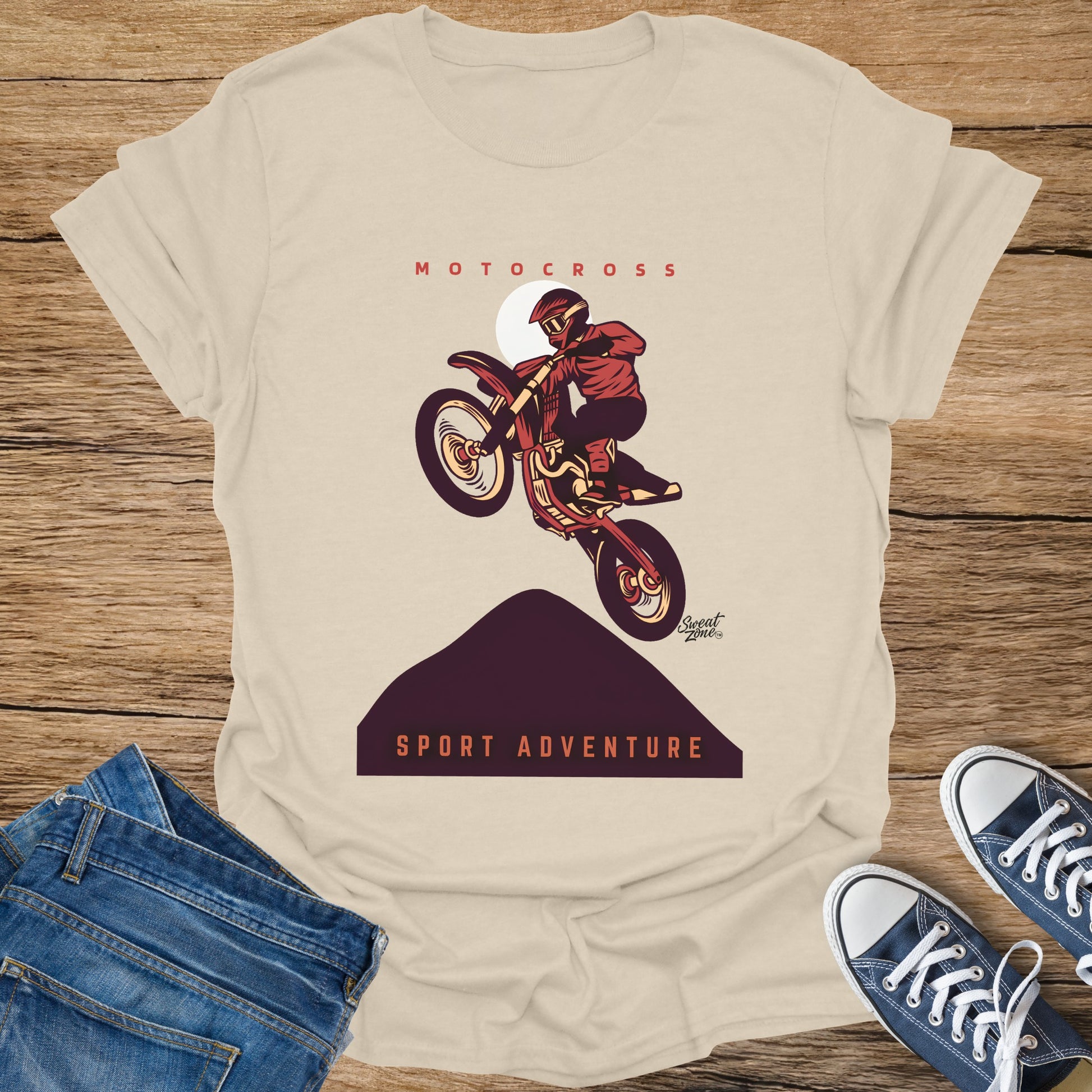 Light beige t-shirt with motocross rider graphic and "Sport Adventure" text.