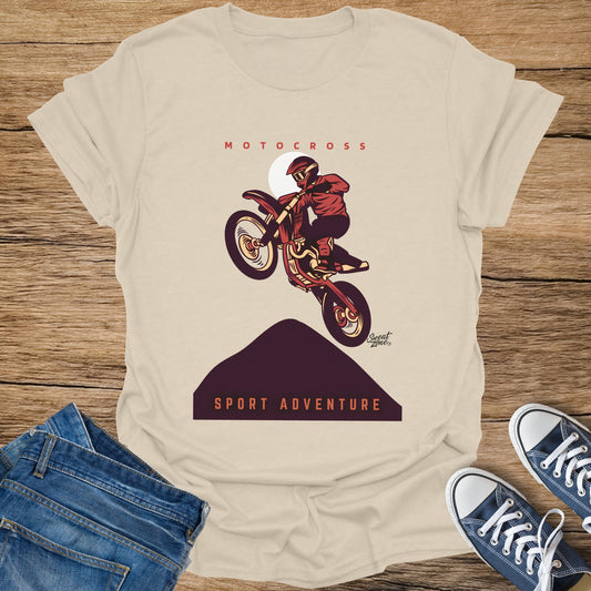 Light beige t-shirt with motocross rider graphic and "Sport Adventure" text.