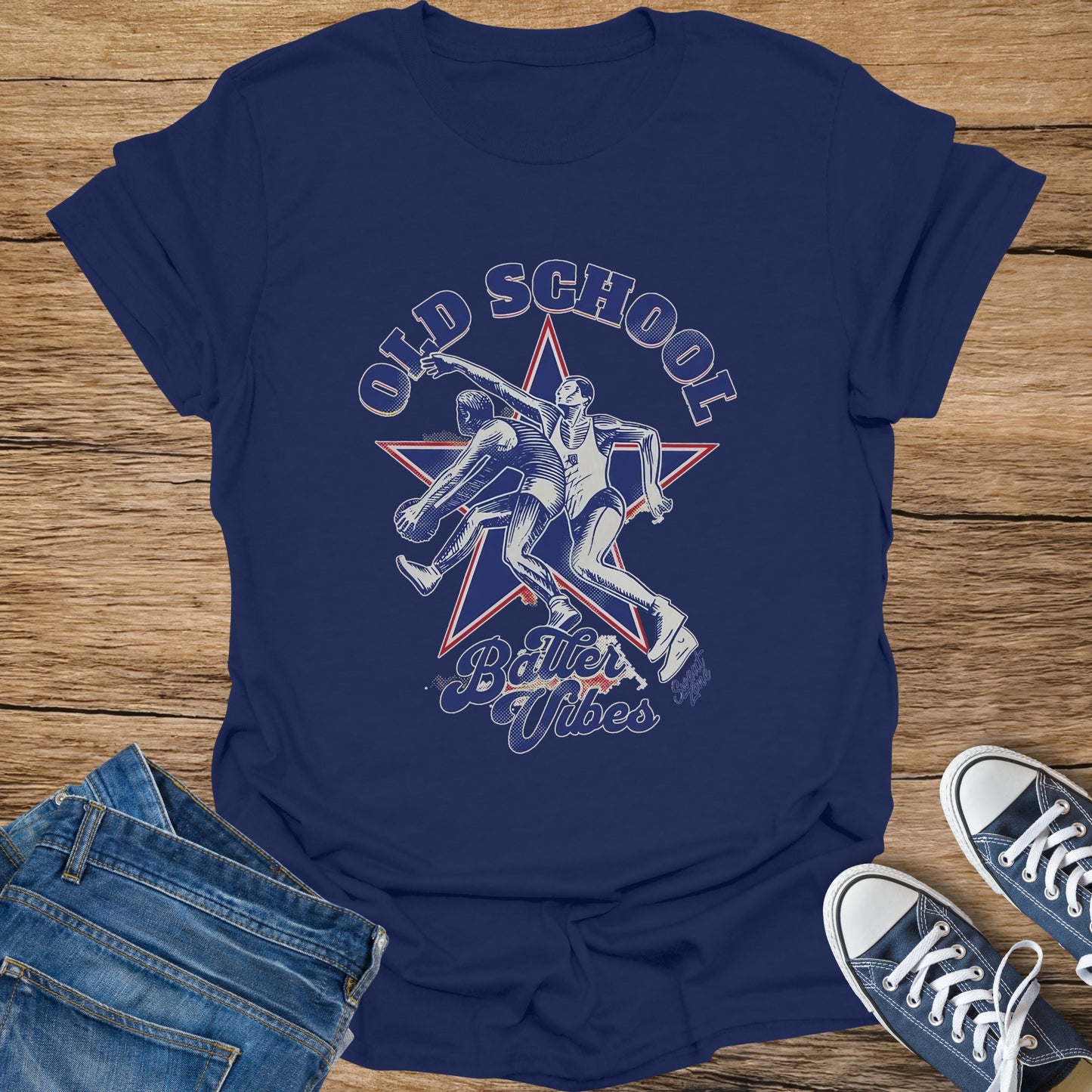 Navy t-shirt with vintage wrestling graphic and "Old School Vibes" text.