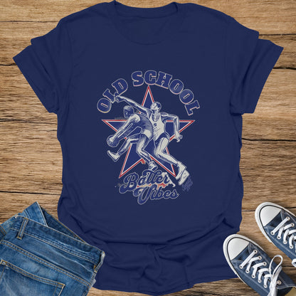 Navy t-shirt with vintage wrestling graphic and "Old School Vibes" text.