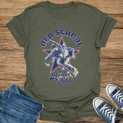 Olive green t-shirt with vintage wrestling graphic and "Old School Vibes" text.
