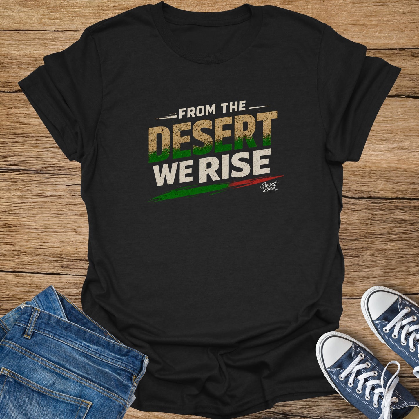 Black t-shirt with "From the Desert We Rise" text and distressed graphics.