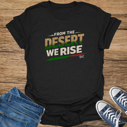 Black t-shirt with "From the Desert We Rise" text and distressed graphics.