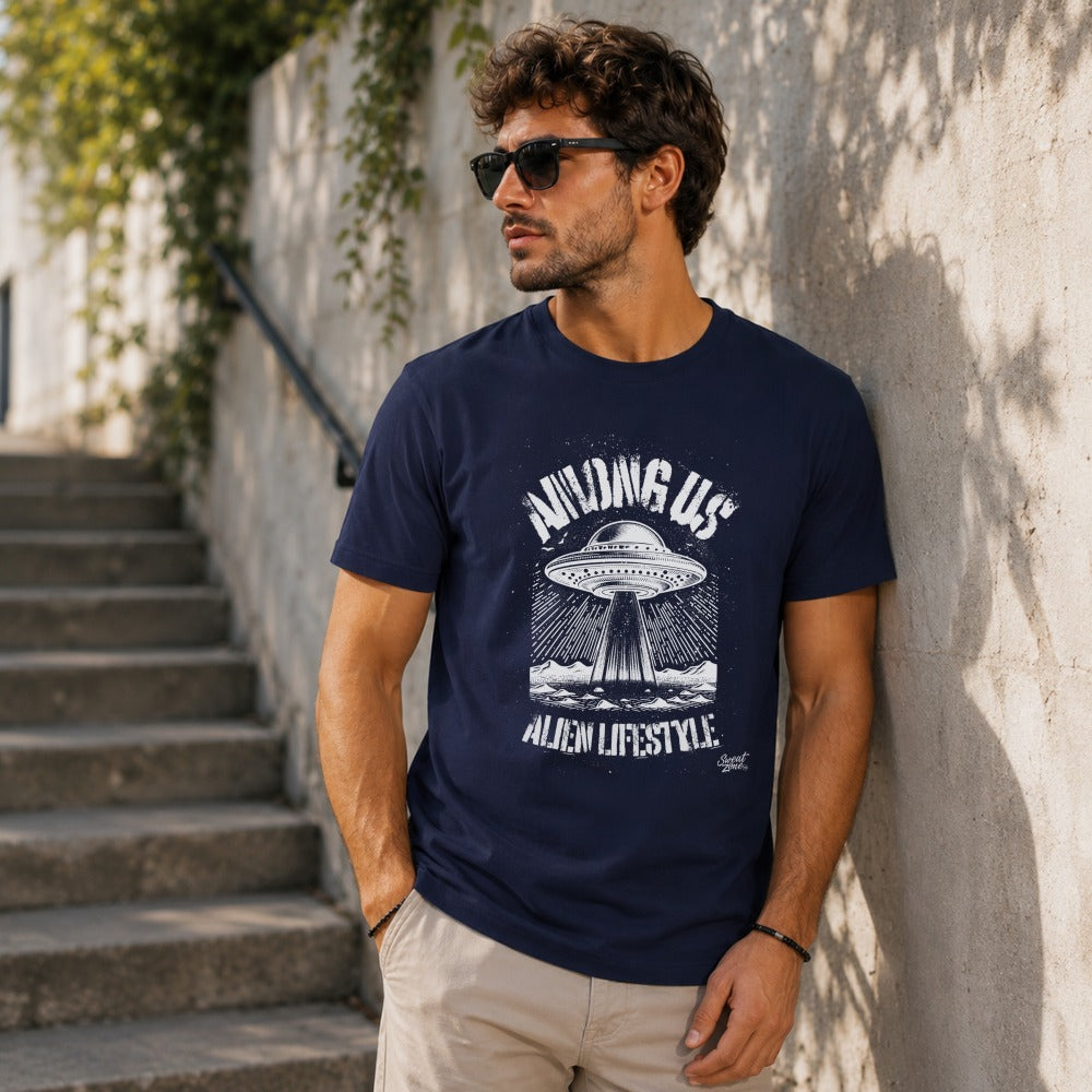 Dark blue t-shirt with "Among Us Alien Lifestyle" UFO graphic.