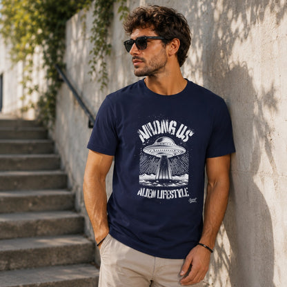 Dark blue t-shirt with "Among Us Alien Lifestyle" UFO graphic.