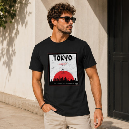 Black t-shirt with "Tokyo Japan" text, a Japanese flag, and silhouette of Tokyo skyline.